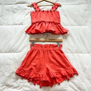 NWOT Waimari Coral 100% Linen Ruffle 2-Piece Set Top & Shorts Vacation Wear XS/S